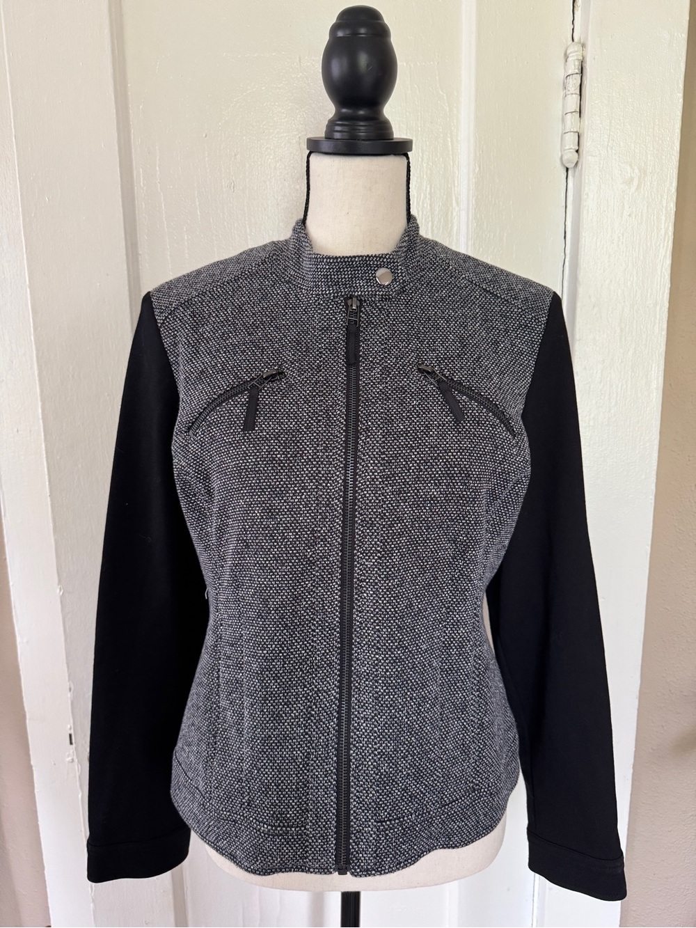 Alfani Womens Grey & Black Zip Front Jacket